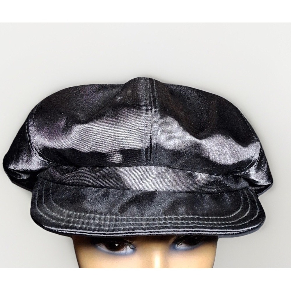 GUESS Womens Black Satin Newsboy Cap Baker Boy Hat 8-Panel Y2K Retro Style